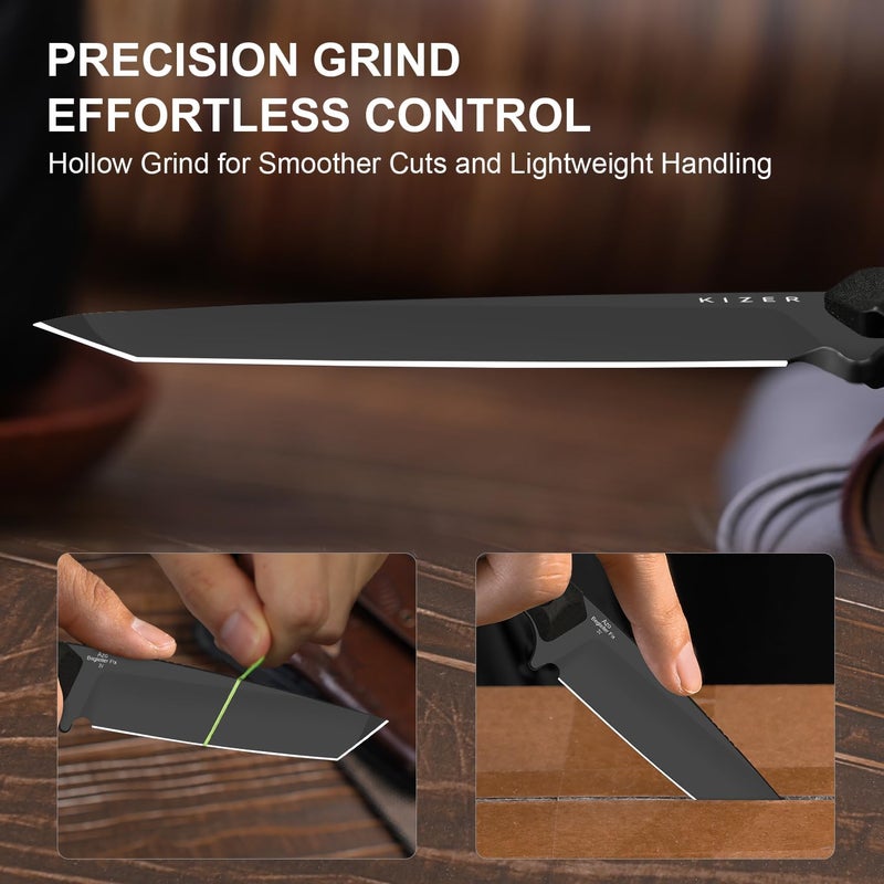 KIZER Begleiter Fix Fixed Blade Knife, 3.74" Tanto 3V Blade Hunting Knives with Kydex Sheath, Brown Richlite Handle EDC Knife for Camping Hunting Survival 1045MT1 - Image 4